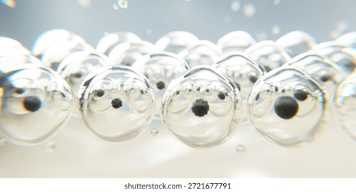 Transparent molecules aligned in skin layer structure, symbolizing hydration, collagen, and advanced skincare science in soft white light.