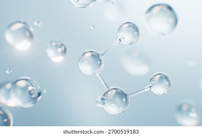 Transparent molecules with water bubbles background, 3d rendering. 3D illustration.