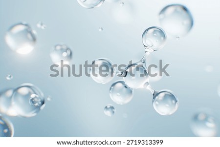 Transparent molecules with water bubbles background, 3d rendering. 3D illustration.