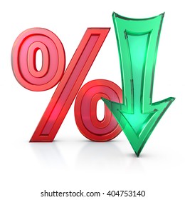 transparent percentages and arrow on a white background, 3d render