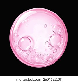 Transparent pink molecule and water bubbles against black background, showing delicate spherical structures with iridescent surfaces and varying sizes clustered together