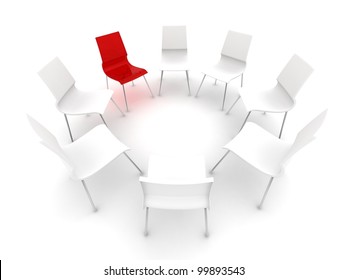 transparent red chair in a circle of white chairs