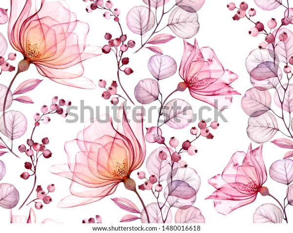 Transparent rose watercolor seamless pattern. Hand drawn floral illustration with pink berries for mural wallpaper design.