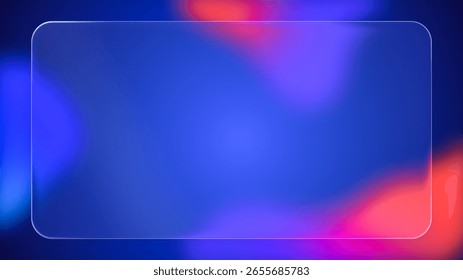 Transparent rounded rectangle liquid glass frame background, realistic glassmorphism user interface, abstract empty frosted plate on blue fluid gradient backdrop, blurred UI design illustration