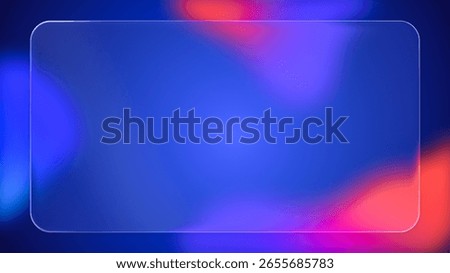 Transparent rounded rectangle liquid glass frame background, realistic glassmorphism user interface, abstract empty frosted plate on blue fluid gradient backdrop, blurred UI design illustration
