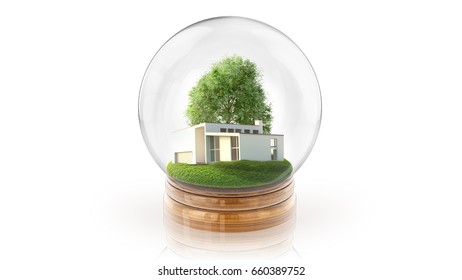 Transparent sphere ball with modern white house inside. 3D rendering.