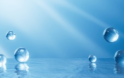 Transparent Spheres On The Water Surface, 3d Rendering. Computer Digital Drawing.