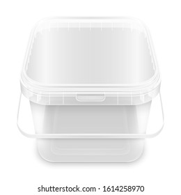 Transparent Square Empty Plastic Bucket For Storage Of Foodstuff, Paint Or Plaster. Top View. 3d Packaging Mockup Illustration.