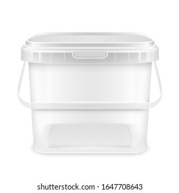 Transparent Square Empty Plastic Bucket With Lowered Handle For Storage Of Foodstuff, Paint Or Plaster. Front View. Packaging Mockup 3d Illustration.