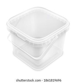 Transparent Square Empty Plastic Bucket With Handle For Storage Of Foodstuff, Paint Or Plaster. Top View From The Corner. Packaging Isolated 3d Mockup Illustration.