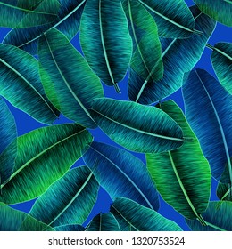 Transparent tropical banana leaves, jungle leaf seamless floral pattern blue background. Artistic palms pattern with seamless repeating design. Pattern for summer designs.