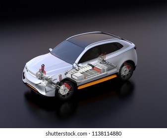 Transparente Sicht auf Elektroautos mit Federung, Lenkanlage und Batterieverpackung im Abschaltmodus. Schwarzer Hintergrund und isometrische Sicht. 3D-Renderbild.