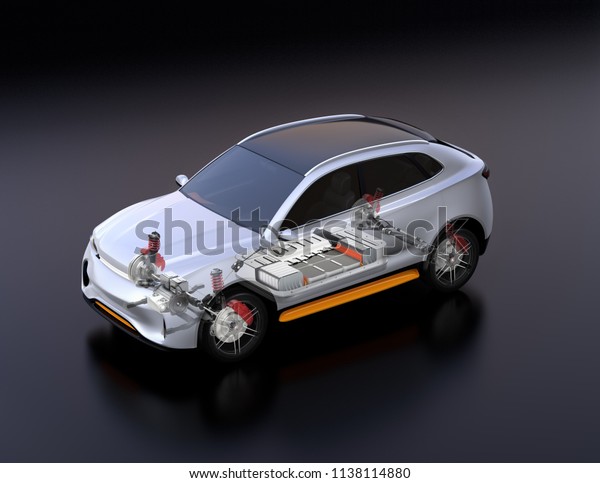 Transparent view of electric\
SUV car with suspension, steering system and battery package in\
cutaway mode. Black background and isometric view. 3D rendering\
image.