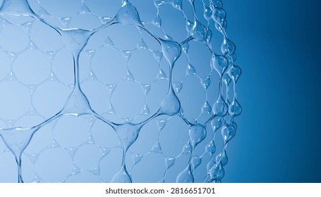 A transparent water bubbles create captivating pattern against blue background, showcasing beauty of fluid dynamics
