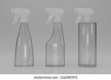 Transparent And White Blank Plastic Spray Bottle Isolated On White Background. Clear White Foggy Bottle. Side View. Packaging Template Mockup Collection. Product Packing. 3d Rendering Illustration.