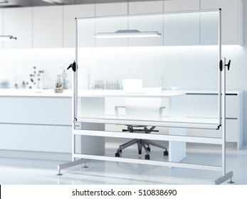 Transparent Whiteboard In Modern Clean Laboratory Interior. 3d Rendering