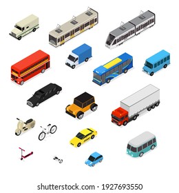 Transport Car 3d Icons Set Isometric View Include Of Bus, Truck, Taxi, Motor And Van. Illustration Of Icon