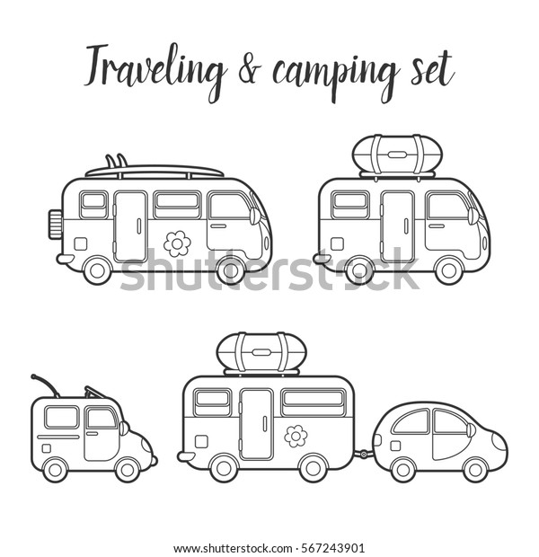 Transport caravan\
and trailer isolated icon set. Mobile home types illustration.\
Traveler truck icon. Family traveler truck summer trip concept.\
Logo or emblem\
concept