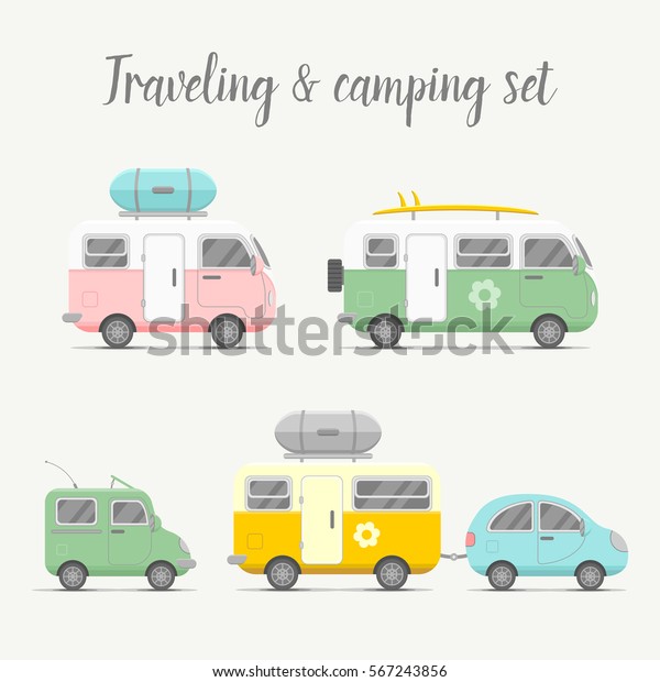 Transport caravan and trailer set. Mobile\
home types illustration. Traveler truck flat icon. Family traveler\
truck summer trip concept. Logo or emblem\
concept