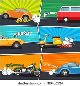 Transport comic frames with moving cars van motorcycle and scooter on colorful backgrounds flat  illustration