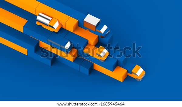 Transport constructor 3d visual. Primitive\
truck set render. Geometry composition in blue color box and car.\
Metallic lorry toy model. Vehicle isometric collection. Logistic\
advertising\
illustration