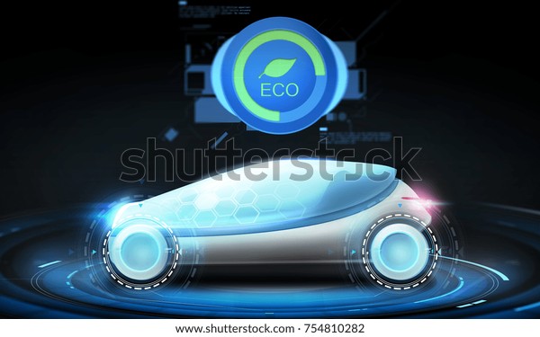 transport, environment and\
future technology - futuristic concept car with eco icon over black\
background