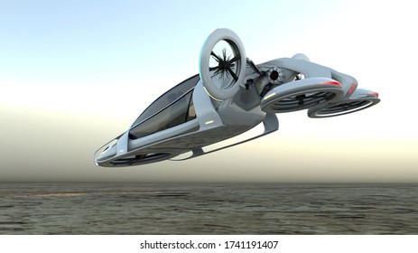 Transport Of The Future. The Car Is Flying Above The Ground, Against The Background Of A Foggy Horizon, The Concept Of A Flying Car Is Possible . Side View.A 3D Illustration.