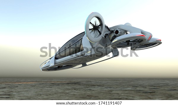 Transport of the\
future. The car is flying above the ground, against the background\
of a foggy horizon, the concept of a flying car is Possible . side\
view.A 3D\
illustration.
