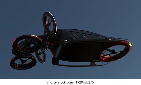 Transport Of The Future. Red Car Flying In Blue Sky, Flying Car Concept Is Possible . View From The Right.3D Illustration.