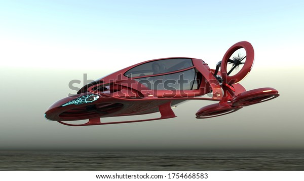 Transport of the\
future. The red car is flying above the ground, against the\
background of a foggy horizon, the concept of a flying car is\
Possible . side view.A 3D\
illustration.