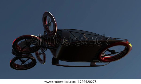 Transport\
of the future. Red car flying in blue sky, flying car concept is\
possible . view from the right.3D\
illustration.