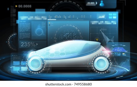 Transport And Future Technology - Futuristic Concept Car And Virtual Screens Projection Over Black Background