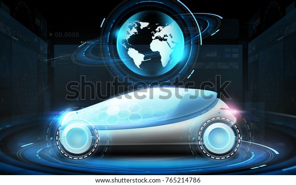transport and future\
technology - futuristic concept car with earth globe hologram over\
black\
background
