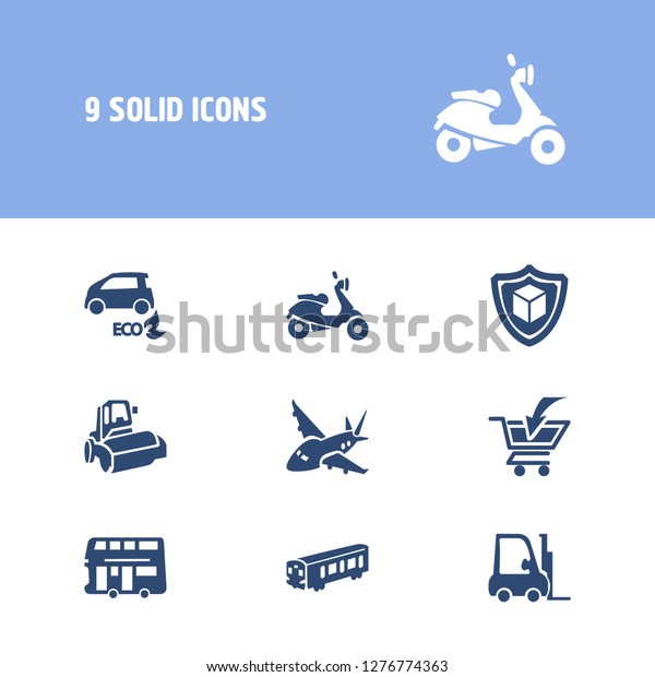 Transport icon set and aircraft with forklift,\
eco car and place order. Underground related transport icon  for\
web UI logo\
design.