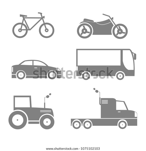 Transport icon set. Bicycle motorcycle car bus\
tractor truck