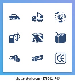 Transport Icon Set And Subway Train With Crane Truck, Express Delivery And Gas Can. Fuel Container Related Transport Icon For Web UI Logo Design.