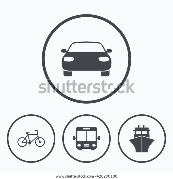 Transport icons. Car, Bicycle, Public bus and\
Ship signs. Shipping delivery symbol. Family vehicle sign. Design\
of flat transport symbol. Transport web icon. Transport sign for\
app interface.