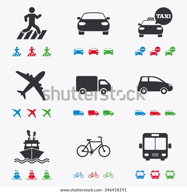 Transport icons. Car, bike, bus and taxi signs.\
Shipping delivery, pedestrian crossing symbols. Flat black, red,\
blue and green\
icons.