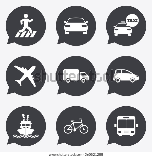 Transport icons. Car, bike, bus and taxi signs.\
Shipping delivery, pedestrian crossing symbols. Flat icons in\
speech bubble\
pointers.