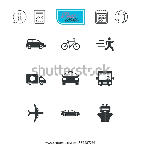 Transport icons. Car, bike, bus and taxi signs. Shipping\
delivery, ambulance symbols. Report document, calendar and\
information web icons.\
