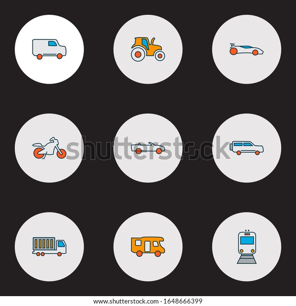 Transport icons colored line set with sport car,\
train, van and other car elements. Isolated illustration transport\
icons.