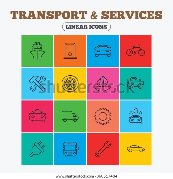 Transport and services icons.\
Ship, car and public bus, taxi. Repair hammer and wrench key, wheel\
and cogwheel. Sailboat and bicycle. Linear icons in colored\
squares.