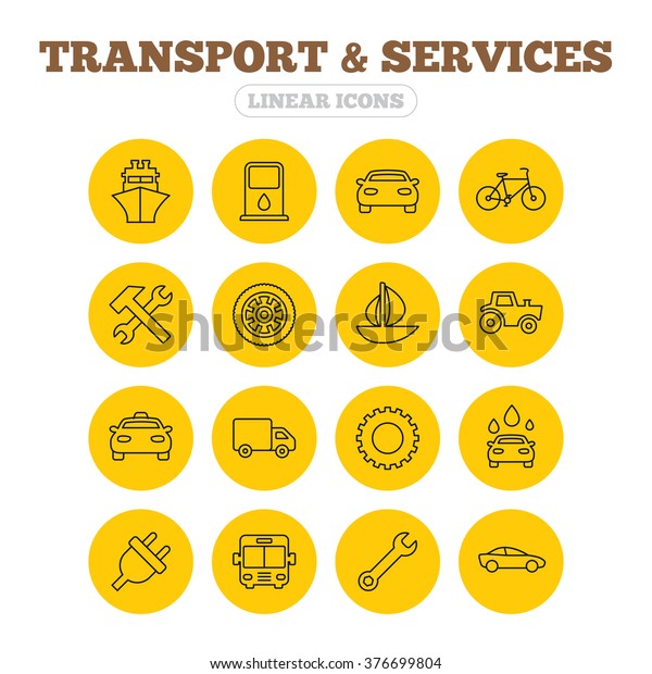 Transport and services icons.\
Ship, car and public bus, taxi. Repair hammer and wrench key, wheel\
and cogwheel. Sailboat and bicycle. Linear icons on yellow\
buttons.