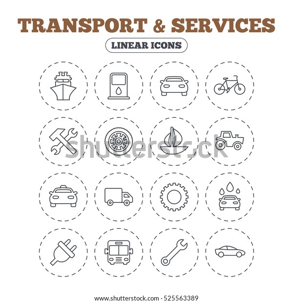 Transport and services\
icons. Ship, car and public bus, taxi. Repair hammer and wrench\
key, wheel and cogwheel. Sailboat and bicycle. Round flat buttons\
with linear icons.\
