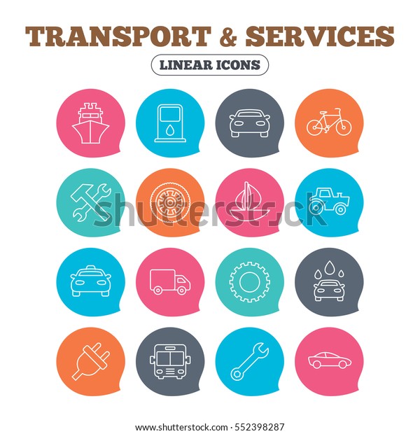 Transport and services\
icons. Ship, car and public bus, taxi. Repair hammer and wrench\
key, wheel and cogwheel. Sailboat and bicycle. Flat speech bubbles\
with linear icons.\
