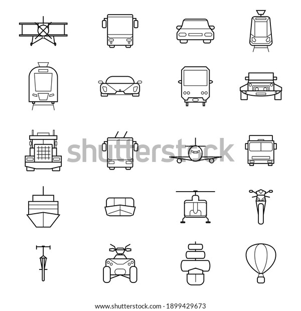 Transport Signs Black Thin Line Icon Set\
Include of Car, Train, Bus, Truck, Ship, Airplane, Motorcycle and\
Van.\
illustration