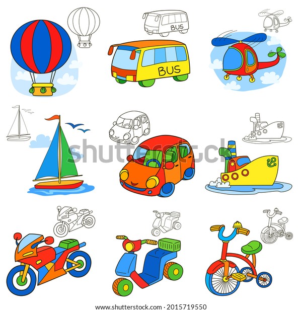 Transport vehicles.\
Cartoon coloring book\
page