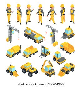 Transport And Workers For Construction Buildings. Pictures In Isometric Style. Building Worker And Equipment Transport Illustration