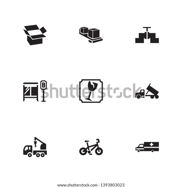 Transportation icon set and ambulance with\
conveyor, gasoline pipe and bike. Valve related transportation icon\
 for web UI logo\
design.