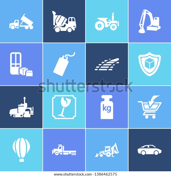 Transportation icon set and flatbed truck with\
car, tractor and compact excavator. Cement blender related\
transportation icon  for web UI logo\
design.